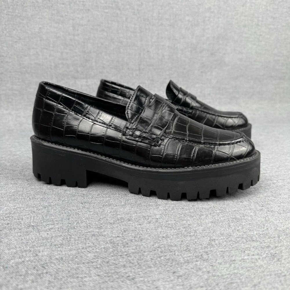 Steve Madden Loafers Women's 7 Black Faux Leather Croc Embossed Lug Sole Preppy